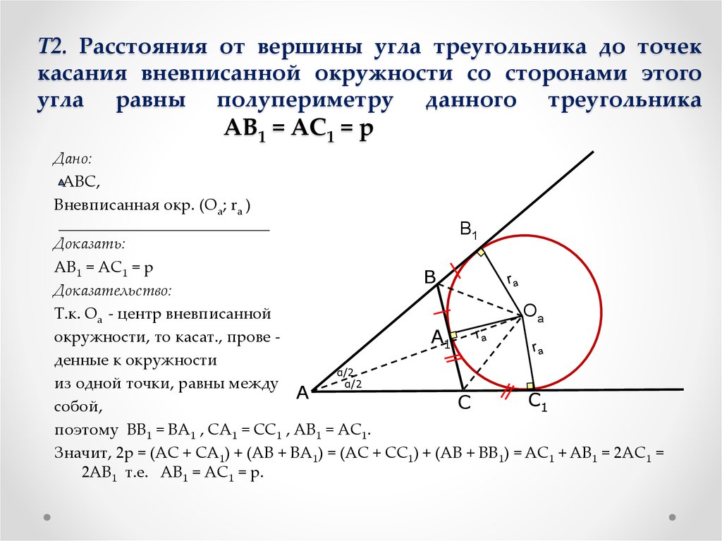 Т2. Расстояния от вершины угла треугольника до точек касания вневписанной окружности со сторонами этого угла равны полупериметру данного 