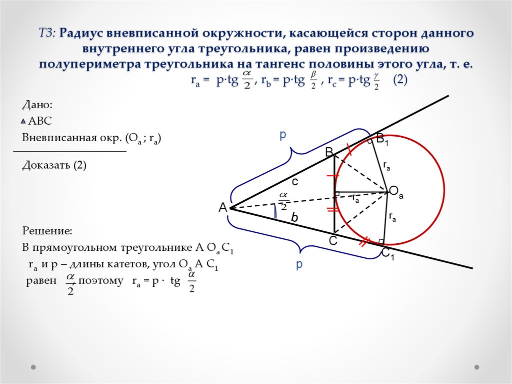 Т3: Радиус вневписанной окружности, касающейся сторон данного внутреннего угла треугольника, равен произведению полупериметра треугольни