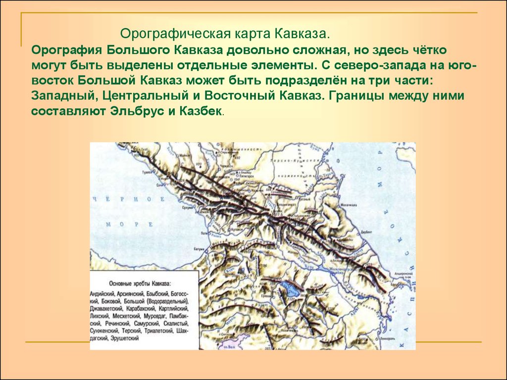 Карта кавказских гор с названиями вершин и хребтов