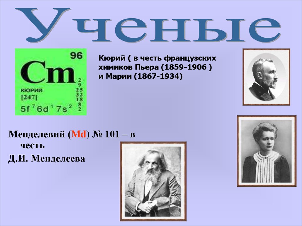 Элемент в честь менделеева. Менделевий,101 элемент. Кюрий химический элемент. Кюрий в честь. Кюрий в таблице Менделеева.