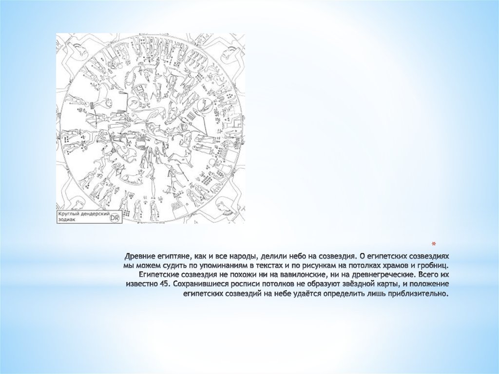 Древние египтяне, как и все народы, делили небо на созвездия. О египетских созвездиях мы можем судить по упоминаниям в текстах и по рисункам