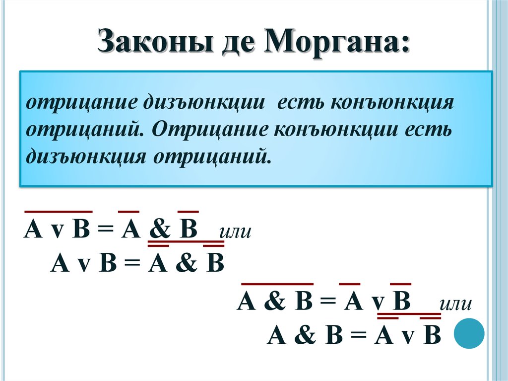 Закон де моргана. Закон де Моргана отрицание дизъюнкции. Отрицание конъюнкции. Закон отрицания конъюнкции. Отрицание дизъюнкции есть конъюнкция отрицаний.