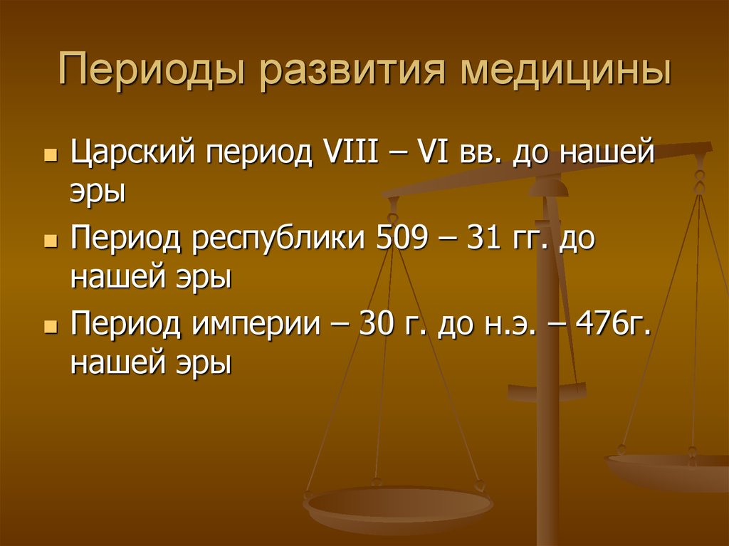 Периоды развития медицины. Периодизация развития медицины. Медицина периода империи (31 г. до н. э.- 476 г. н. э.). Медицина периода Республики (конец vi в. до н. э.- 31г. До нашей эры.).