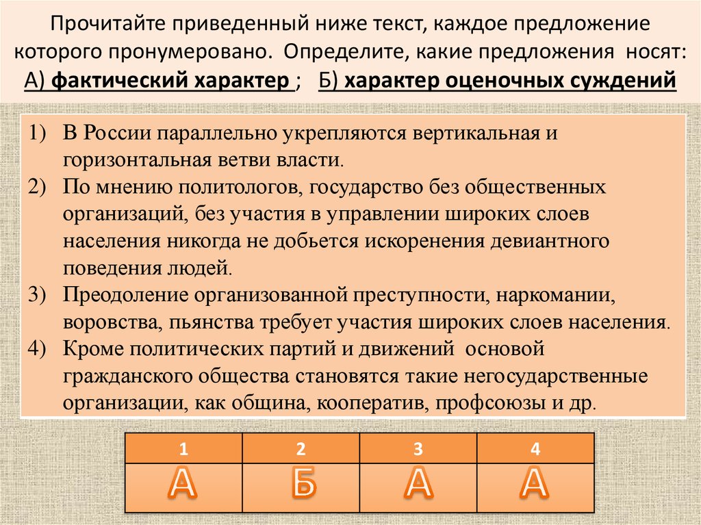Прочитайте приведенный ниже текст, каждое предложение которого пронумеровано. Определите, какие предложения носят: А) фактический характе