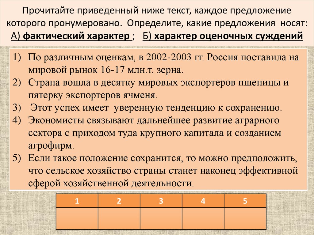 Прочитайте приведенный ниже текст, каждое предложение которого пронумеровано. Определите, какие предложения носят: А) фактический характе