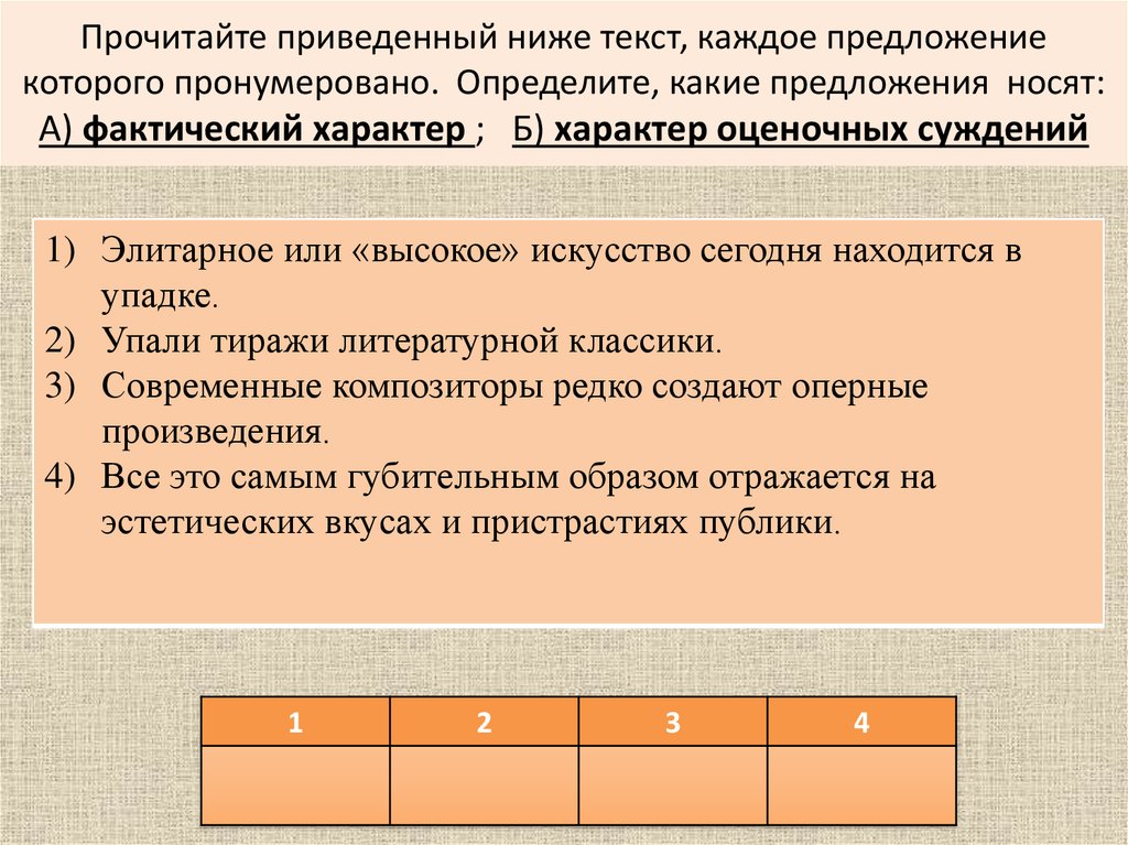 В приведенном ниже тексте пронумерованы все. Фактический характер характер оценочных суждений характер. Фактические и оценочные суждения. Характер фактического , теоретического, оценочного суждения. Искусство и оценочные суждения.