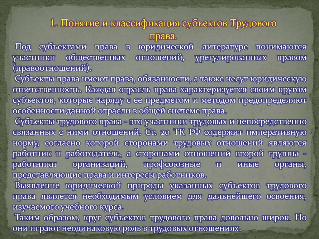 Субъекты трудового права презентация