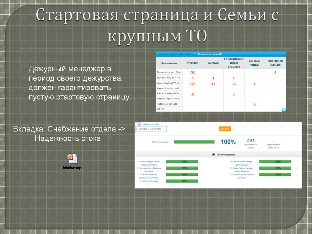 Стартовая страница и Семьи с крупным ТО