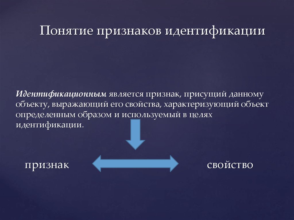 Понятие признаки и связи признаков. Понятие идентификации. Концепция идентификации. Термин идентификация. Идентификационным признаком является.