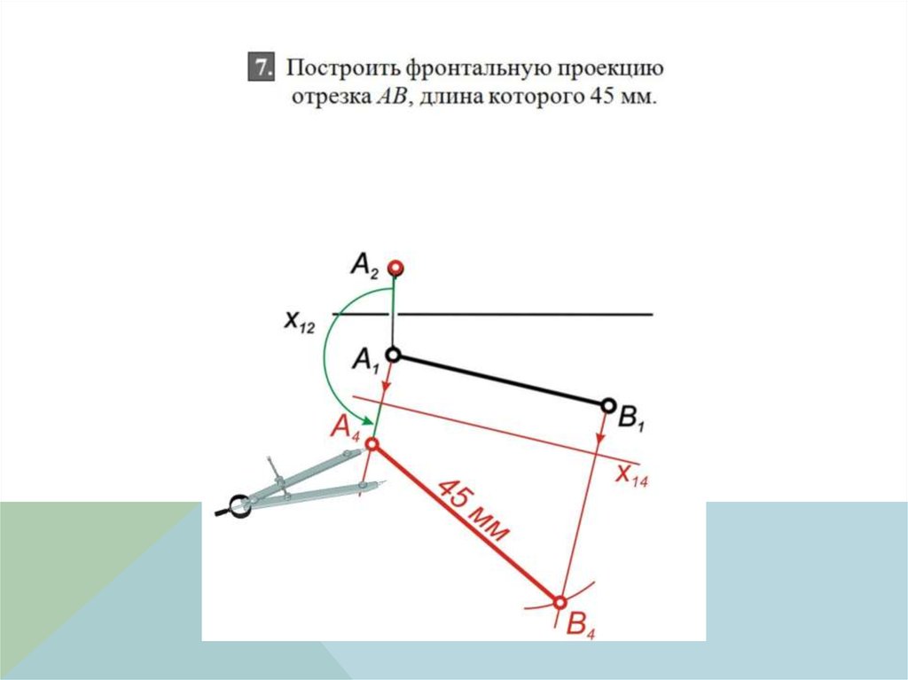 Длина проекции отрезка на прямую. Фронтальная проекция отрезка. Построение фронтальной проекции отрезка. Построить фронтальную проекцию. Построить фронтальную проекцию отрезка АВ.