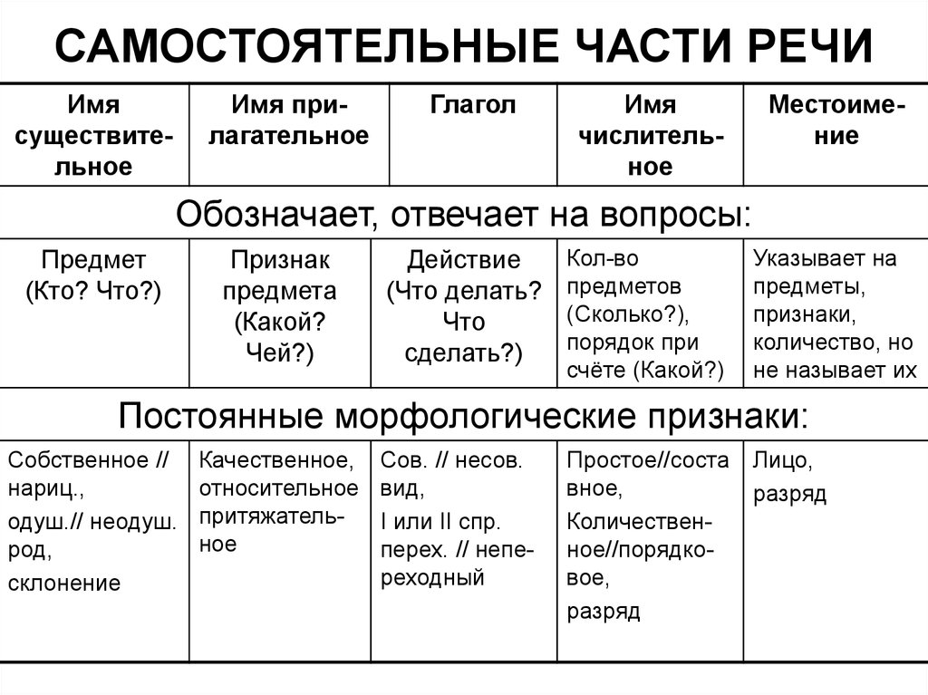 Части речи в русском языке: таблица с примерами