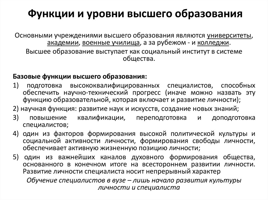 Высшие образовательные организации. Функции высшего образования. Функции высшего профессионального образования. Основные функции высшего образования. Функции современного образования.