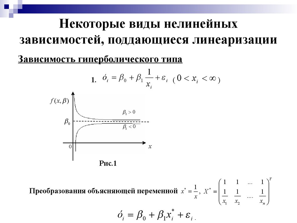 Экспоненциальная регрессия. Нелинейные модели регрессии и их линеаризация. Нелинейная функция регрессии. Виды нелинейной зависимости. Гиперболический Тип.