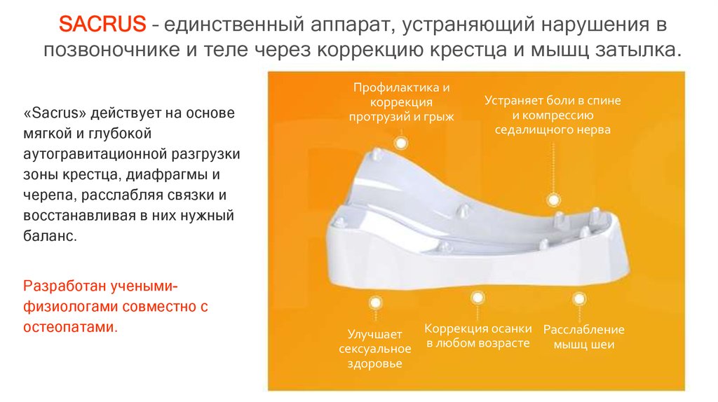 SACRUS – единственный аппарат, устраняющий нарушения в позвоночнике и теле через коррекцию крестца и мышц затылка.