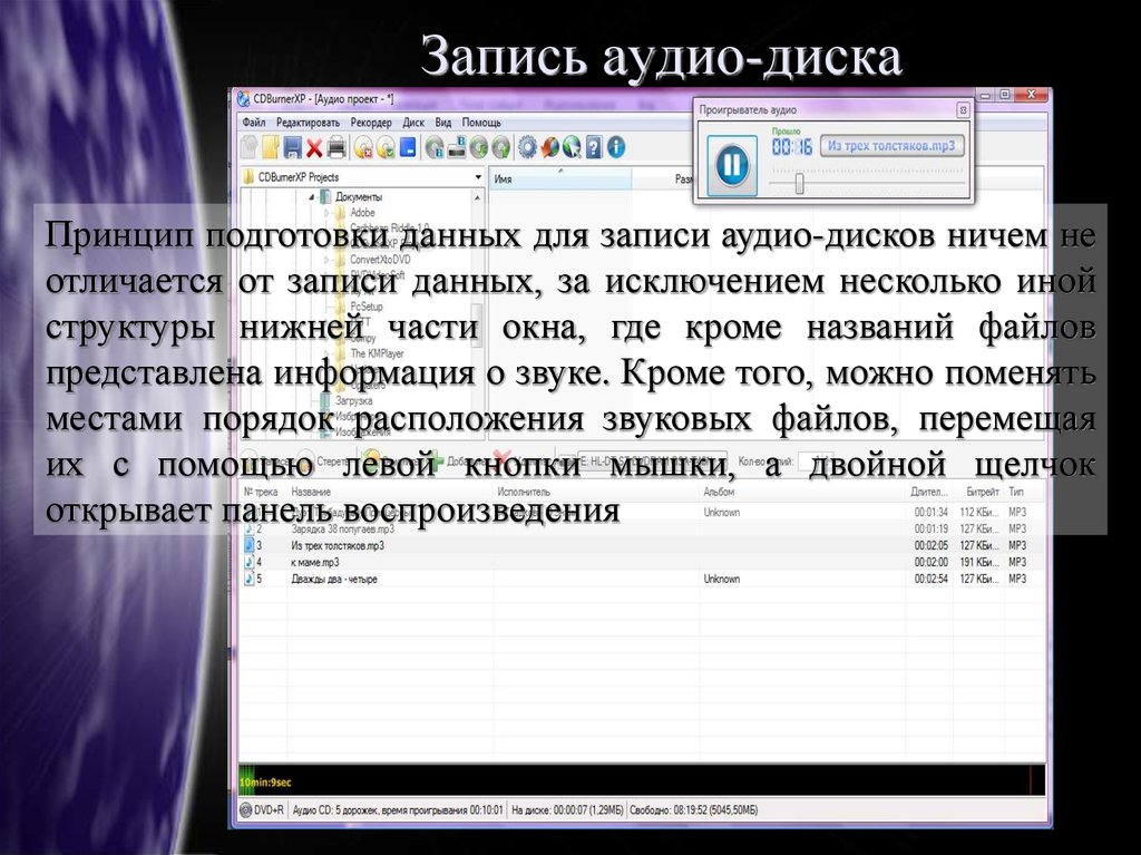 Запись звуковых файлов. Программы для записи компакт-дисков. Стандарты записи звука. Запись на диск. Как записана программа на компакт диска.