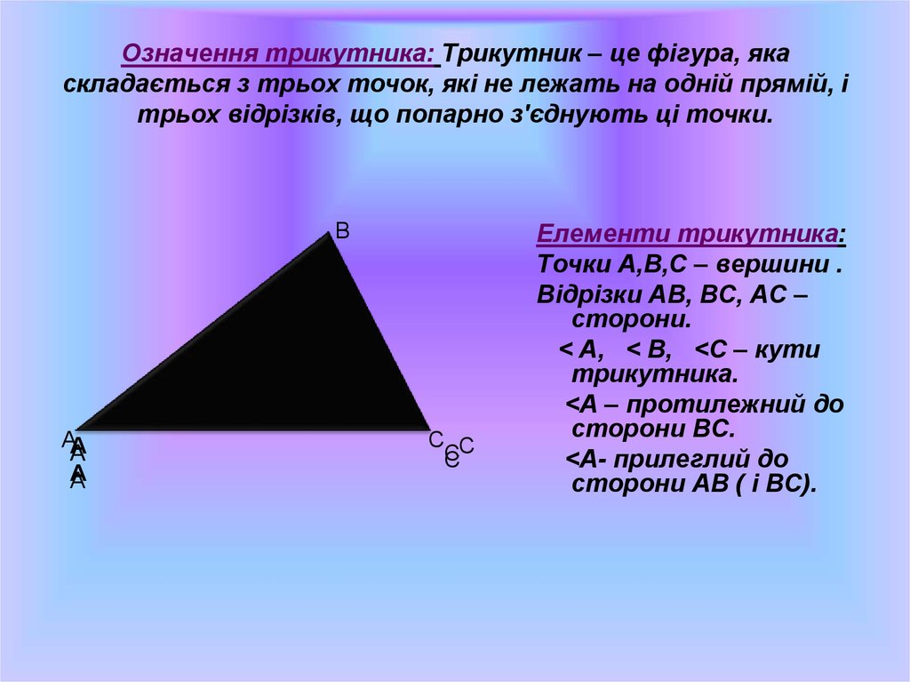 Означення трикутника: Трикутник – це фігура, яка складається з трьох точок, які не лежать на одній прямій, і трьох відрізків, що попарно з'єд