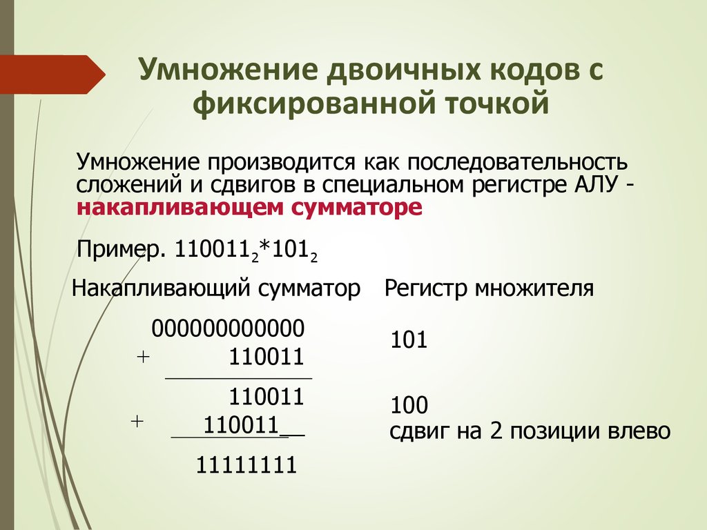 Умножение двоичных чисел. Умножение чисел с плавающей точкой. Умножение двоичных чисел с фиксированной запятой. Умножение двоичных кодов с фиксированной точкой. Умножение чисел с фиксированной точкой.