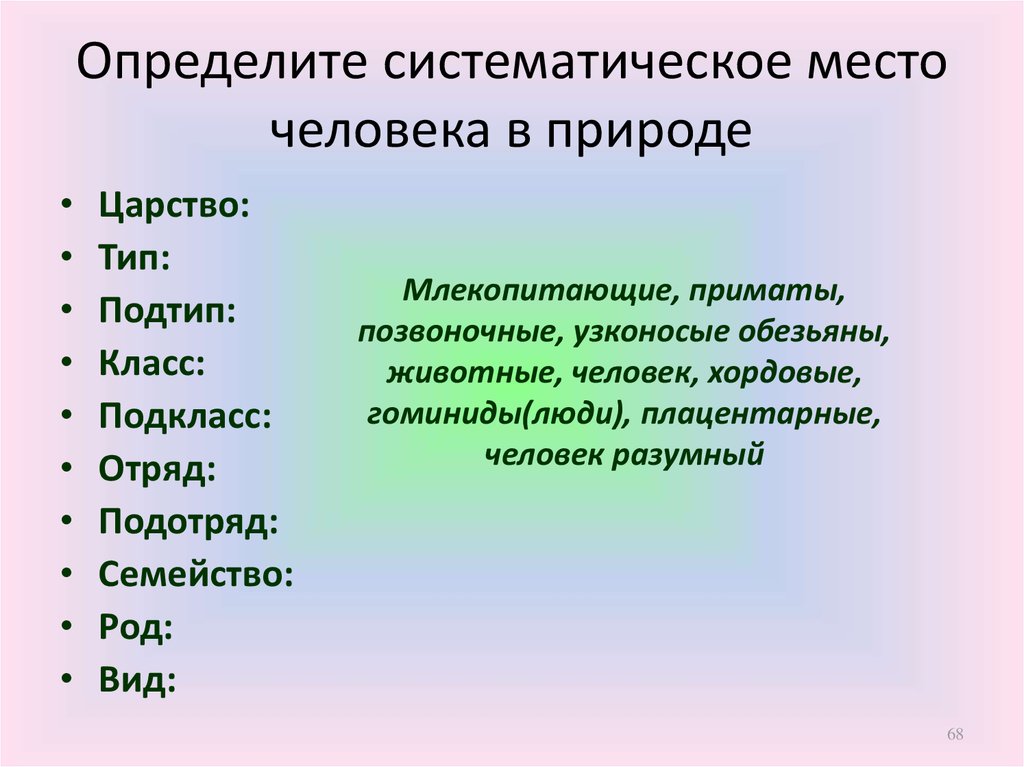 Царство тип подтип человека. Определите систематическое место человека в природе царство. Человек царство Тип Подтип. Царство Тип Подтип класс подкласс отряд подотряд семейство род вид. Класс подкласс отряд подотряд семейство.