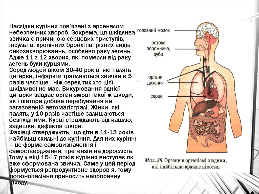 Наслідки куріння пов’язані з арсеналом небезпечних хвороб. Зокрема, ця шкідлива звичка є причиною серцевих приступів, інсультів, хронічни
