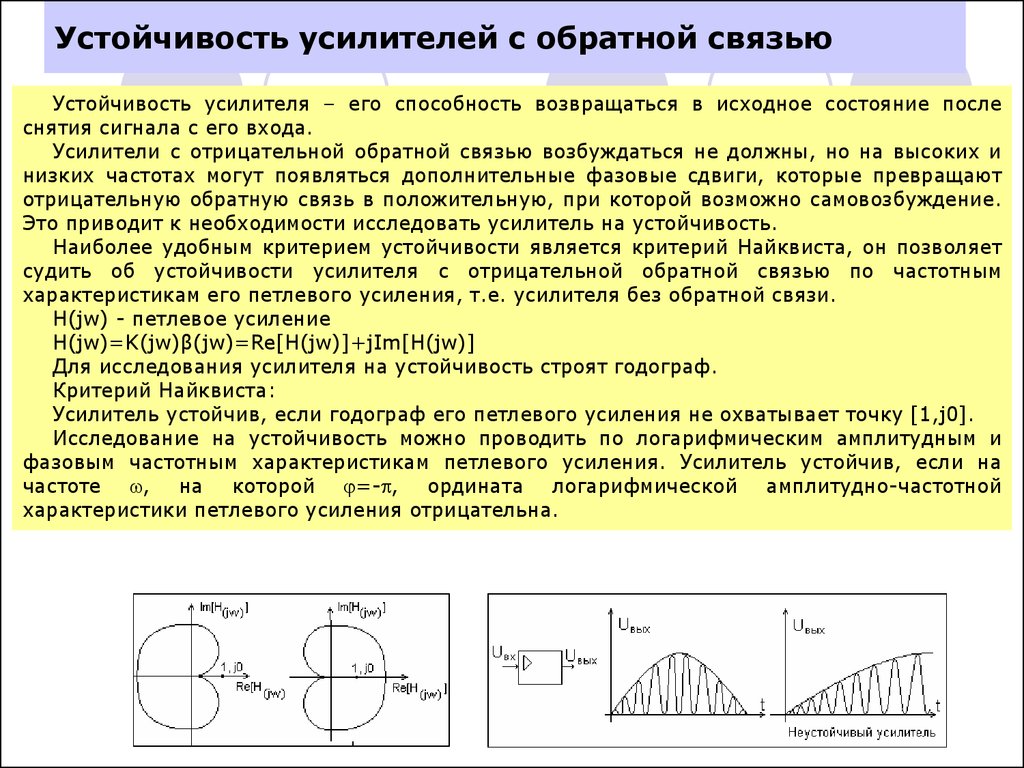 Классы усиления. Обратная связь в усилителях электрических сигналов. Влияние отрицательной обратной связи на параметры усилителя. Устойчивость усилителя с обратной связью. Устойчивость операционного усилителя.