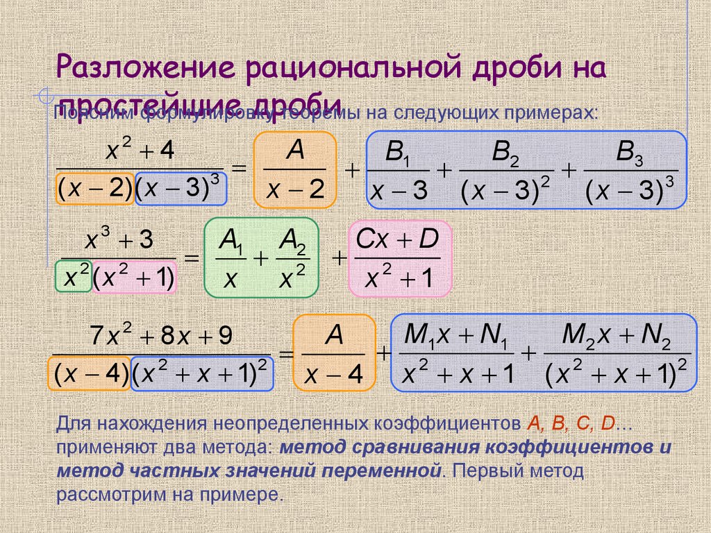 Способ коэффициентов. Разложение дробной рациональной функции на простейшие дроби. Разложение правильной рациональной дроби на сумму простейших дробей. Метод неопределенных коэффициентов интегралы. Разложение дроби методом неопределенных коэффициентов.