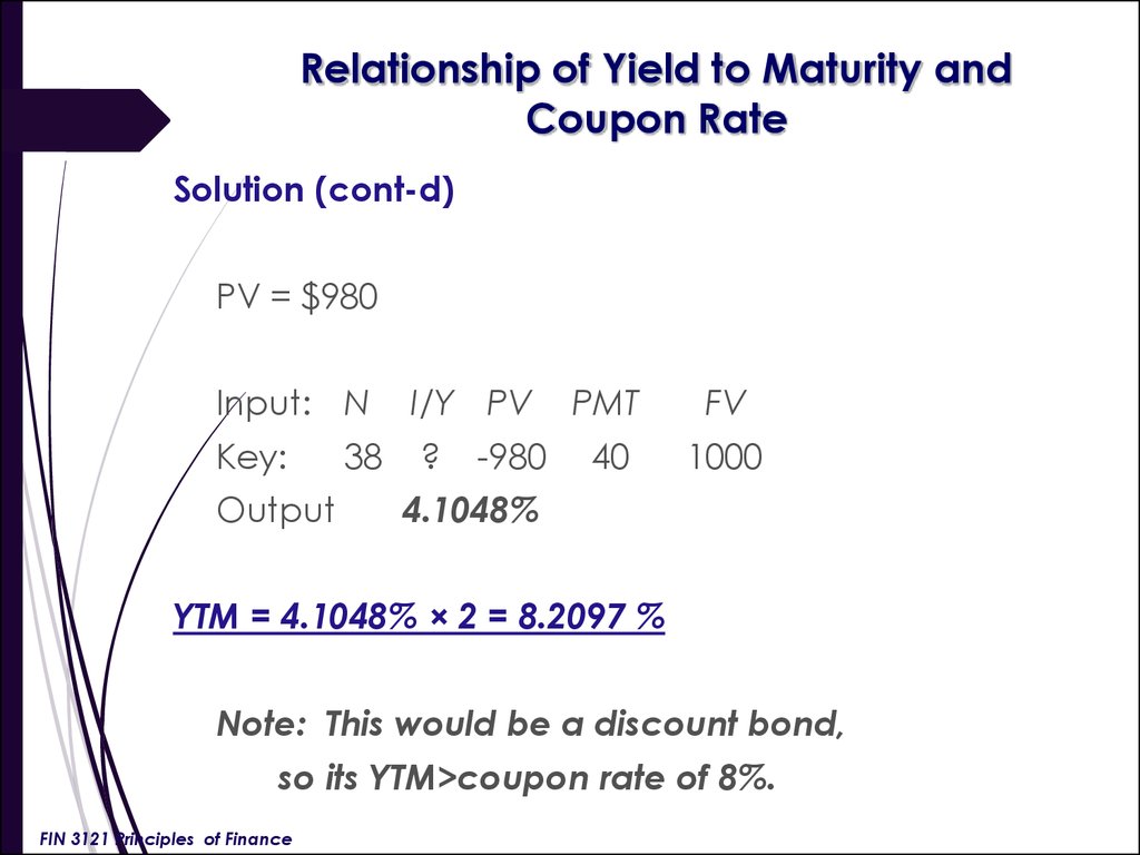 Relationship of Yield to Maturity and Coupon Rate