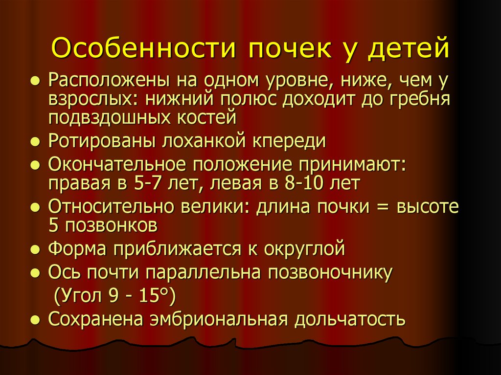 Особенности расположения. Особенности строения почек у детей. Особенности функции почек у детей. Форма и положение почек у детей. Расположение почек у детей.