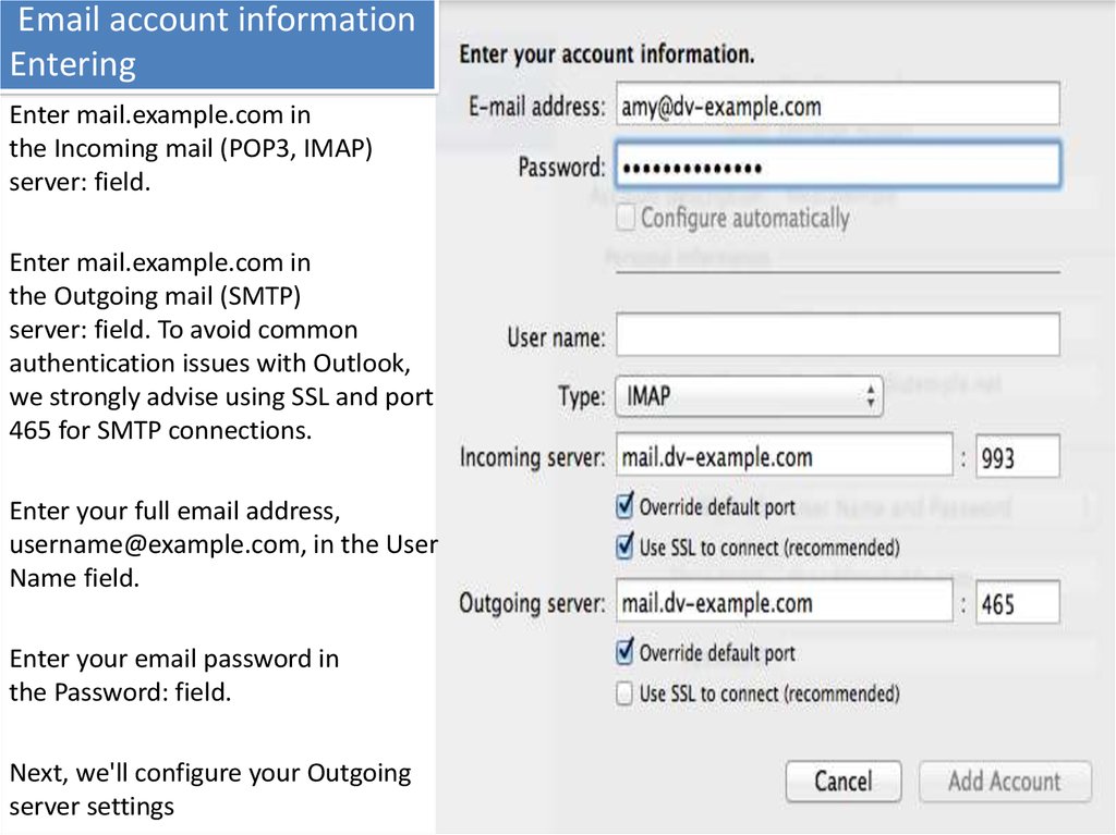 Email account information Entering.