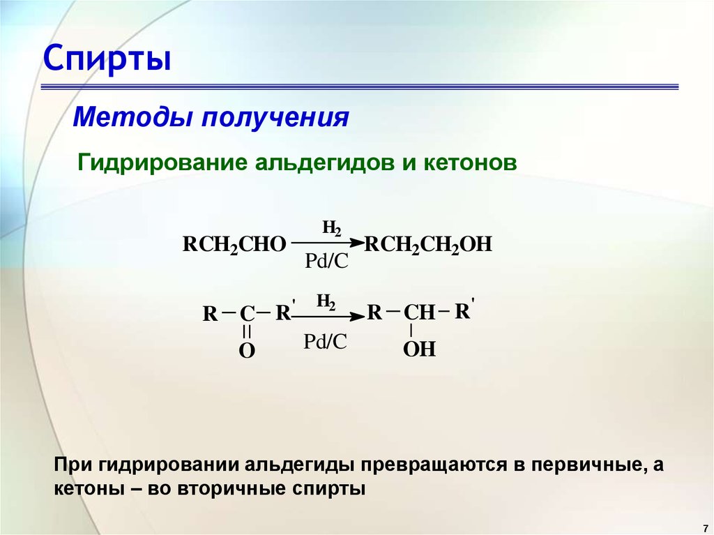 Гидратация спиртов. Каталитическое гидрирование кетонов. Гидрирование альдегидов. Гидрирование спиртов. Гидрирование альдегидов и кетонов.