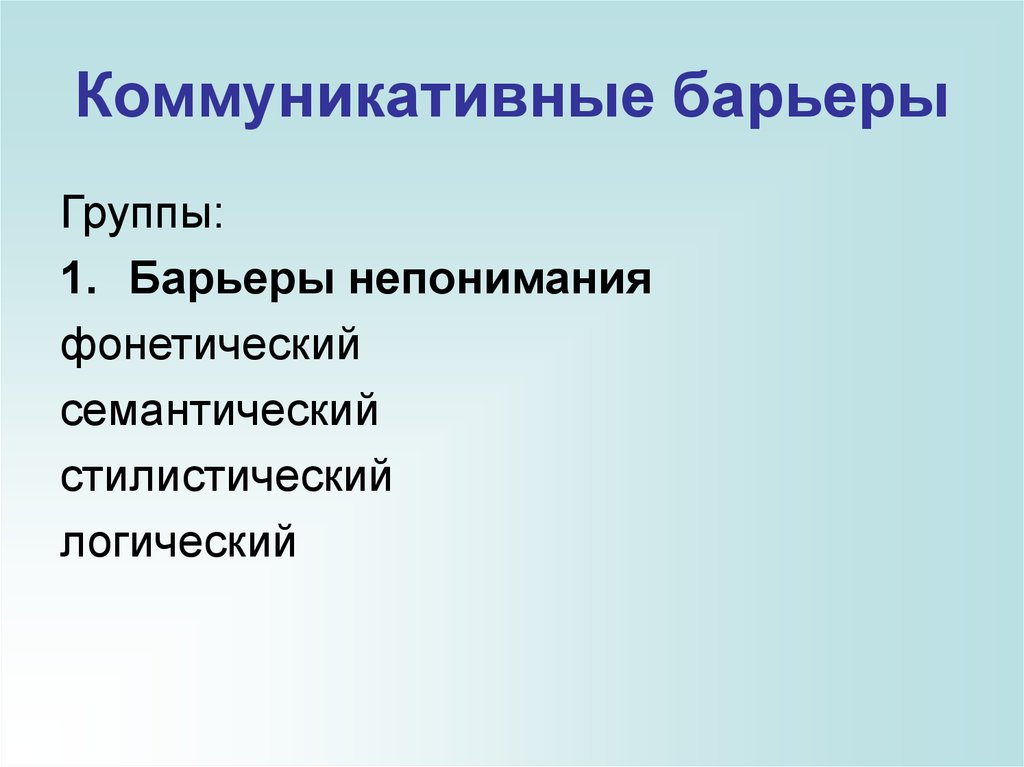 Фонетический семантический стилистический логический. Коммуникативные барьеры непонимания. Группы барьеров. Группы барьеров непонимания.