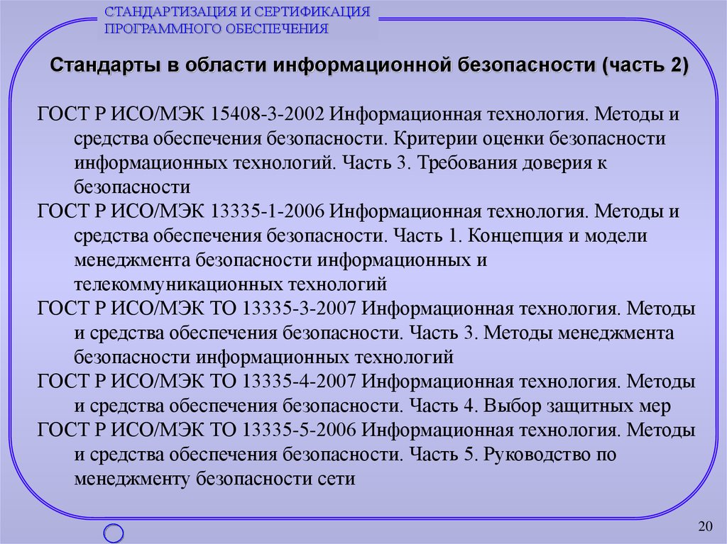 Стандарты информационной безопасности. Стандартизация и сертификация программного обеспечения. Стандарты для сертификации программного обеспечения. Стандарты обеспечения информационной безопасности. Стандартизация в сфере информационной безопасности.