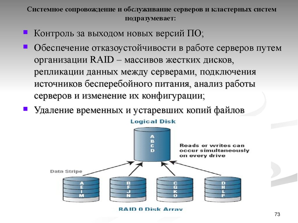 Системное сопровождение и обслуживание серверов и кластерных систем подразумевает: