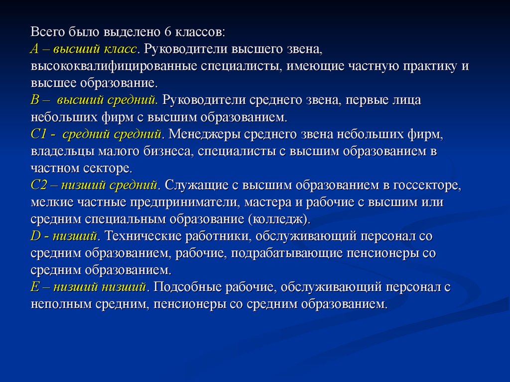 Всего было выделено 6 классов: А – высший класс. Руководители высшего звена, высококвалифицированные специалисты, имеющие частную практик