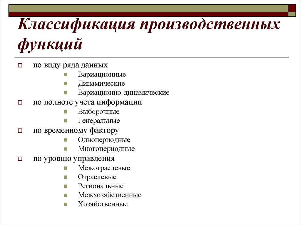 Классификация функций. Классификация производственных функций. Факторы производственной функции подразделяются на. Основные виды производственных функций. Виды производственных функций кратко.