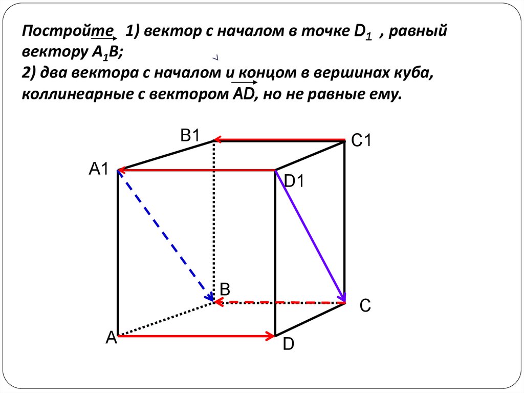 Постройте куб авсда1в1с1д1. Векторы в Кубе. Вектор равный вектору с. Коллинеарные векторы в Аубе. Равные векторы в Кубе.