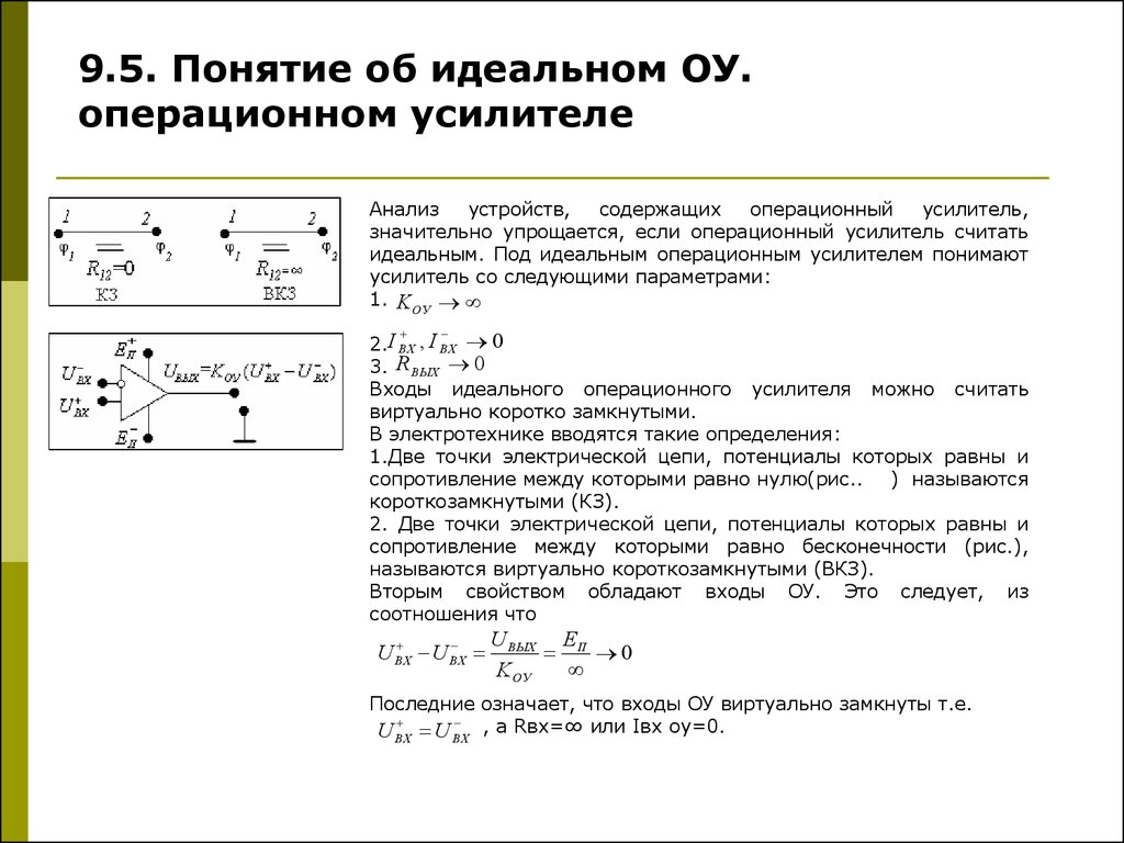 Анализ устройства. Идеальная модель операционного усилителя. Характеристики идеального операционного усилителя. Параметры операционного усилителя. Идеальный операционный усилитель обладает следующими свойствами.