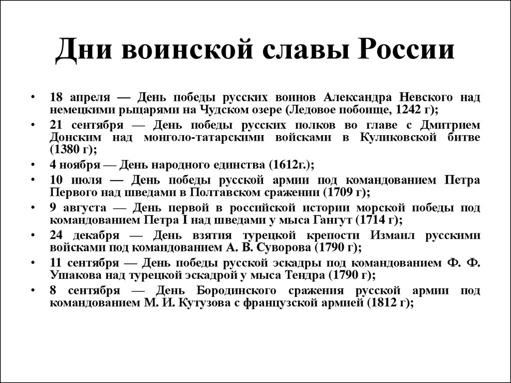 Презентация на тему дни воинской славы россии