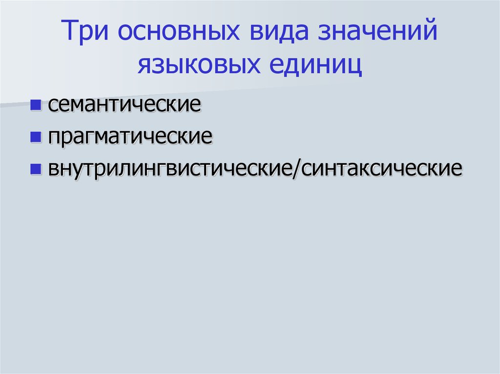 Языковой значения. Основы теории языковых значений. Передача внутрилингвистических значений. Значение языковой единицы. Типы языковых значений.