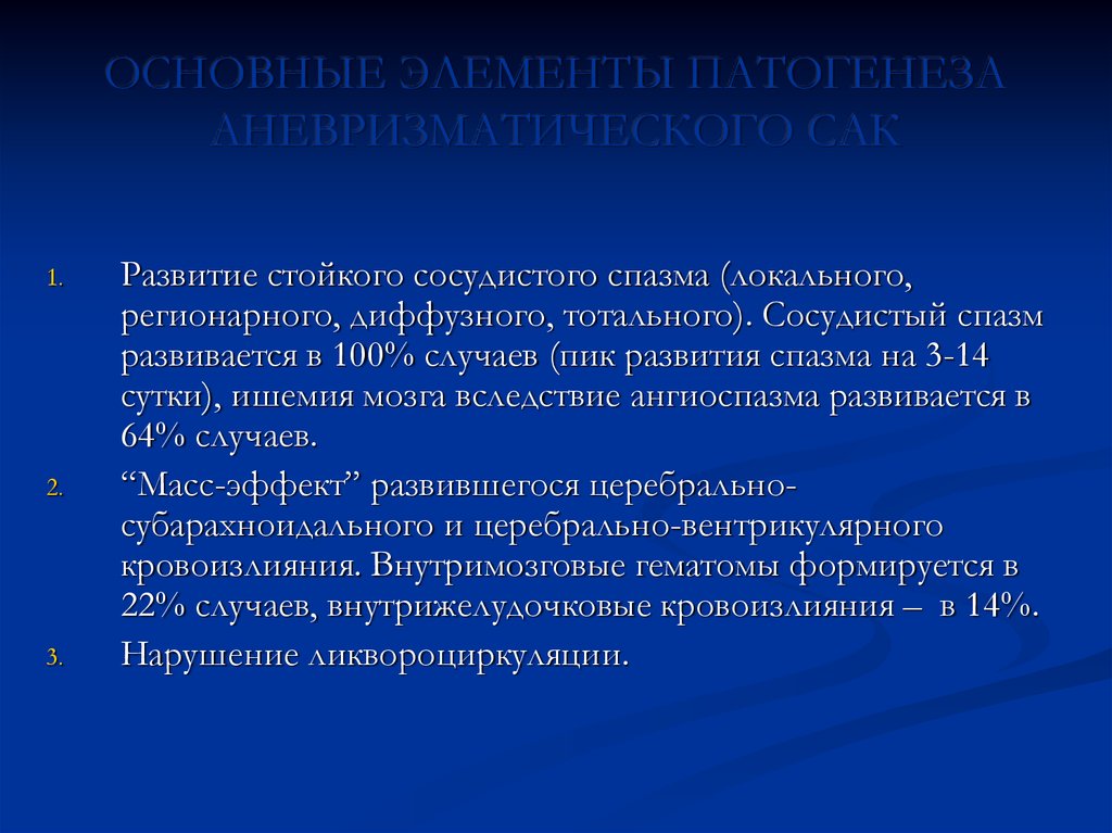 Сосудистый спазм. Основные элементы патогенеза. Основные компоненты патогенеза. Цель, задача нейрохирургии. Термины в нейрохирургии.