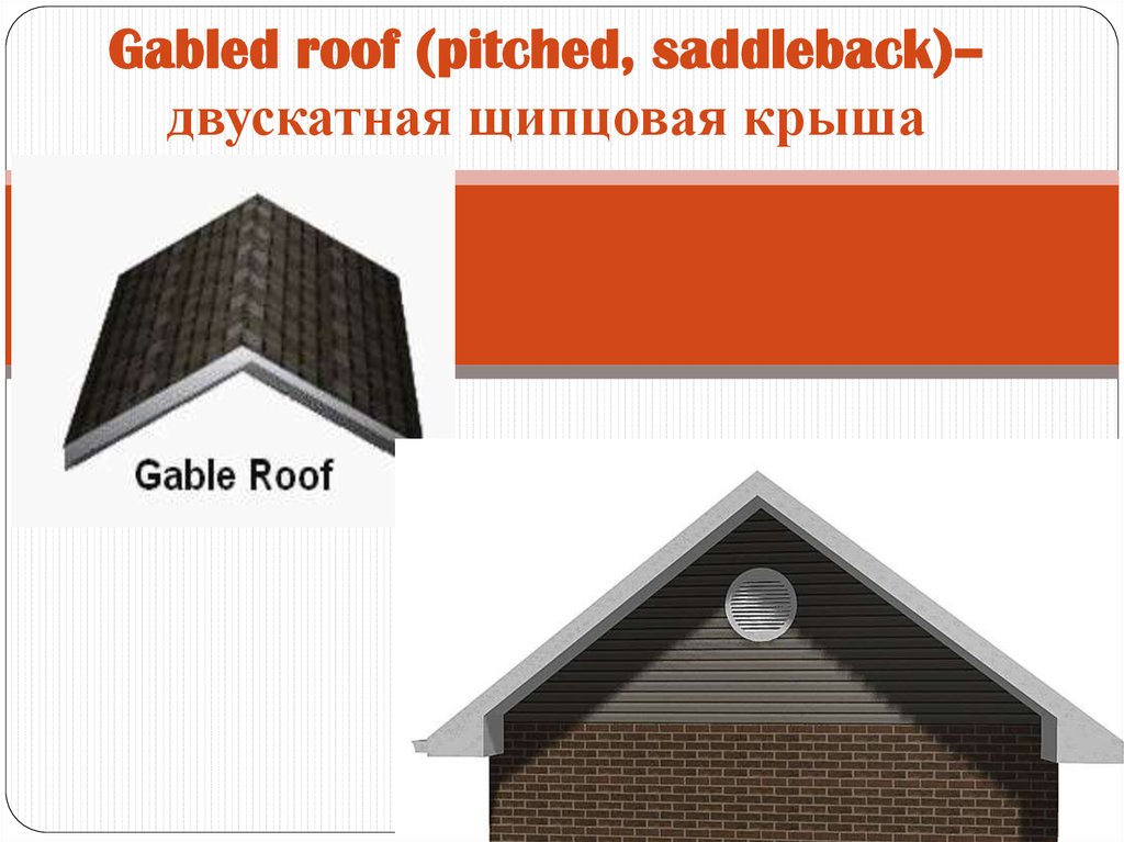 Gabled roof (pitched, saddleback)-двускатная щипцовая крыша.