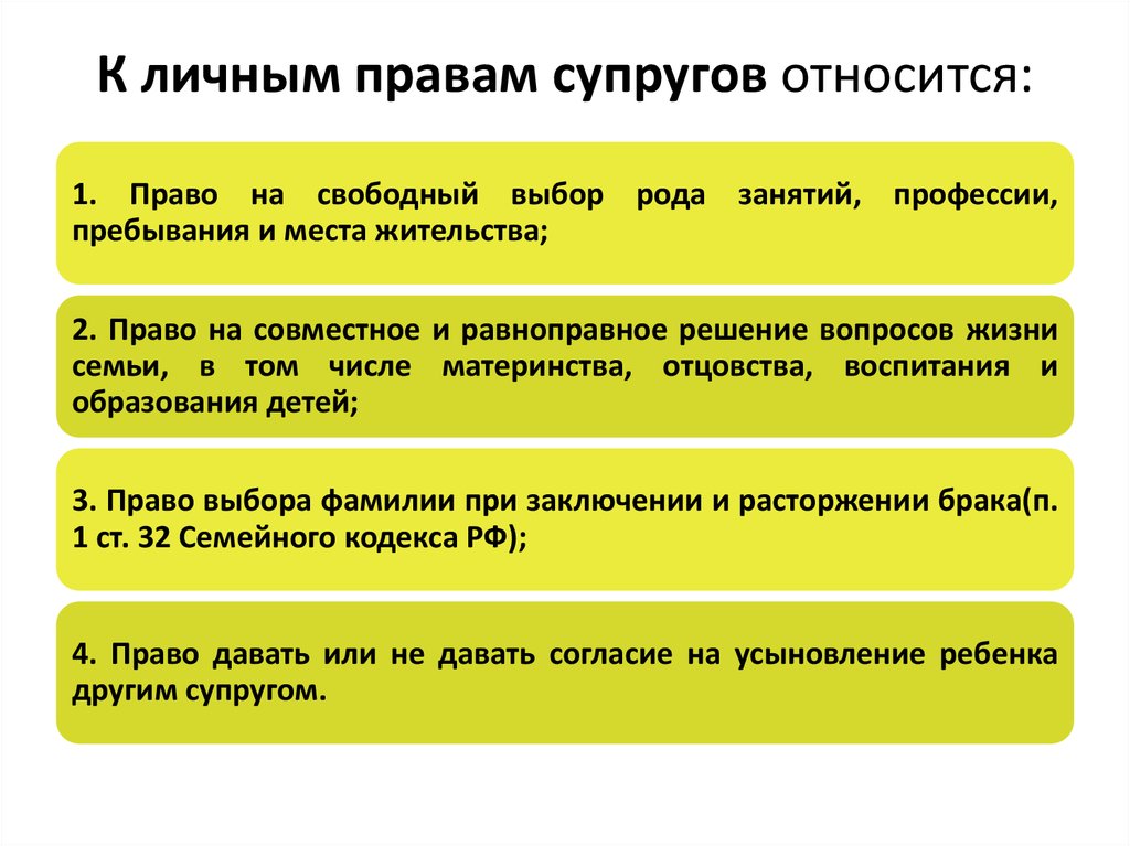 Право решения вопросов. Личные права супругов. К личным правам супругов относят. К личному праву супругов относится. К личным правам супругов не относится.