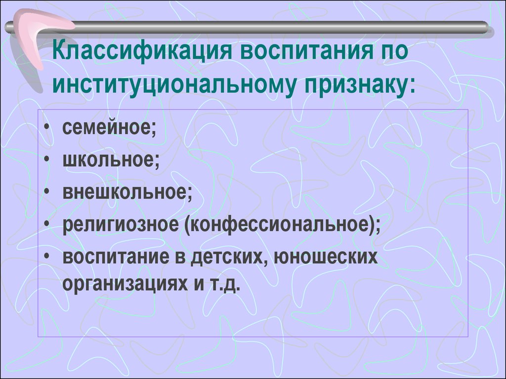 Классификация воспитания. Классификация воспитания по институциональному признаку. Внешкольное воспитание. Религиозное воспитание организация. Внешкольные формы воспитания.