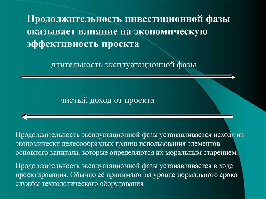 Экономический срок жизни объекта. Продолжительность инвестиционного проекта. Фазы инвестиционного проекта. Длительность инвестиционной стадии проекта. Эксплуатационная фаза проекта действия.