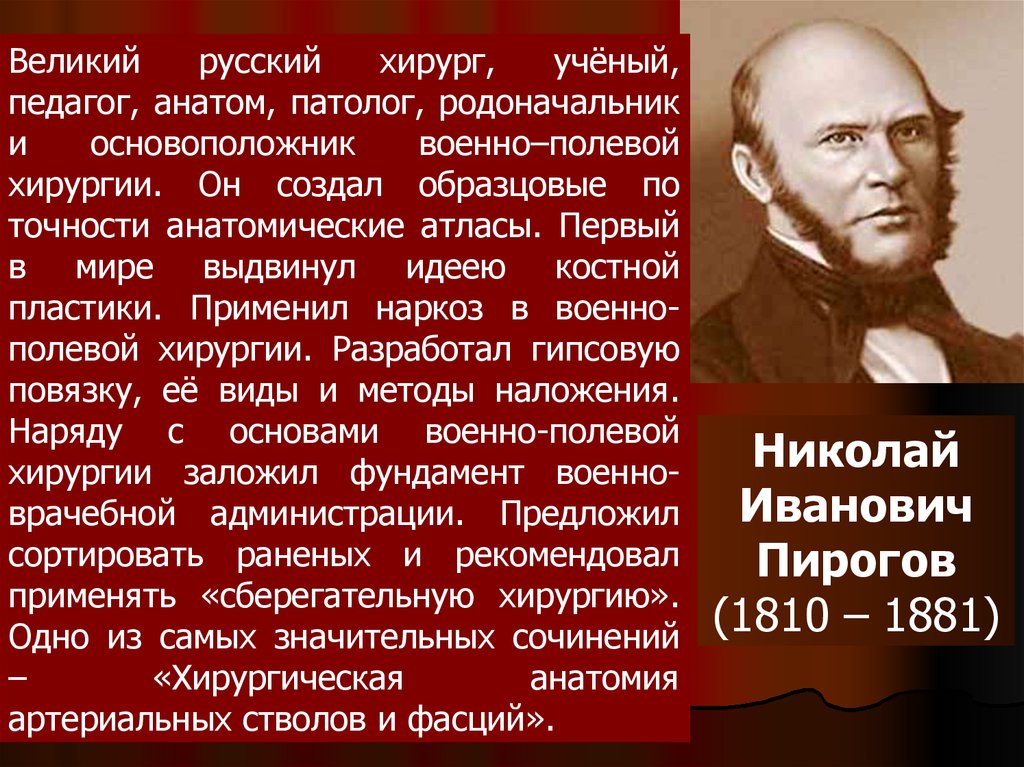 Основоположник военно-полевой хирургии пирогов