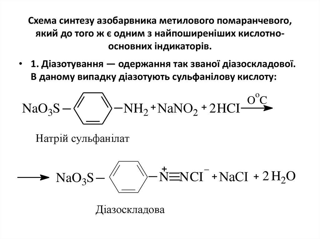 Схема синтезу азобарвника метилового помаранчевого, який до того ж є одним з найпоширеніших кислотно-основних індикаторів.