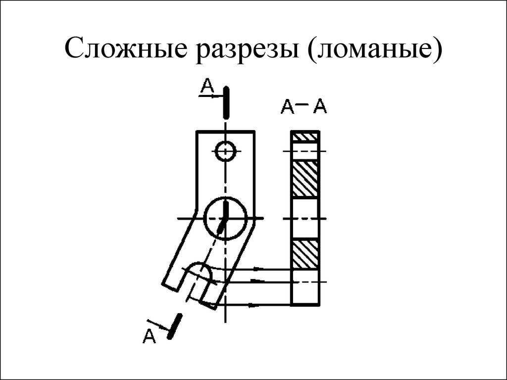 Сложный разрез на чертеже. Ломаный разрез Инженерная Графика чертежи. Сложные ломаные разрезы Инженерная Графика. Сложный разрез Инженерная Графика угольник. Фронтальный сложный ломано-ступенчатый разрез.