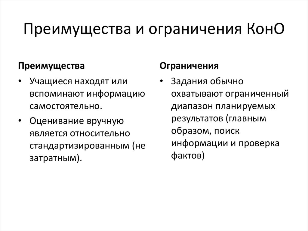 Преимущества и ограничения КонО