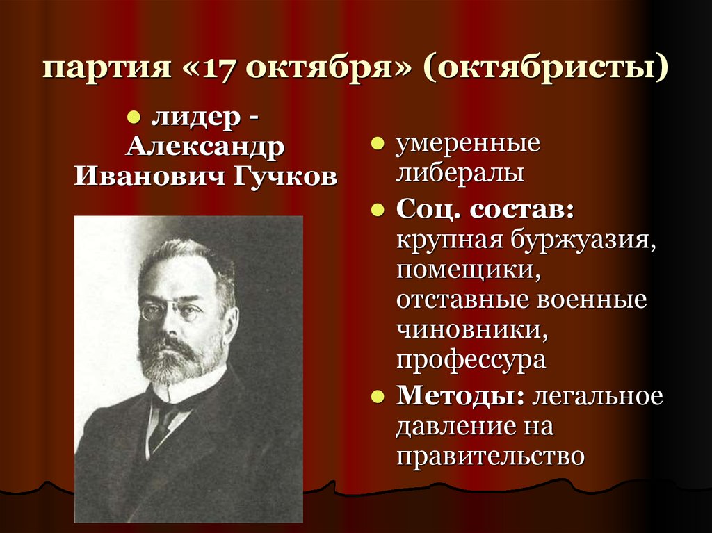 Чем различались программы кадетов и октябристов. Руководители партии октябристов 1905. Партия Союз 17 октября октябристы.