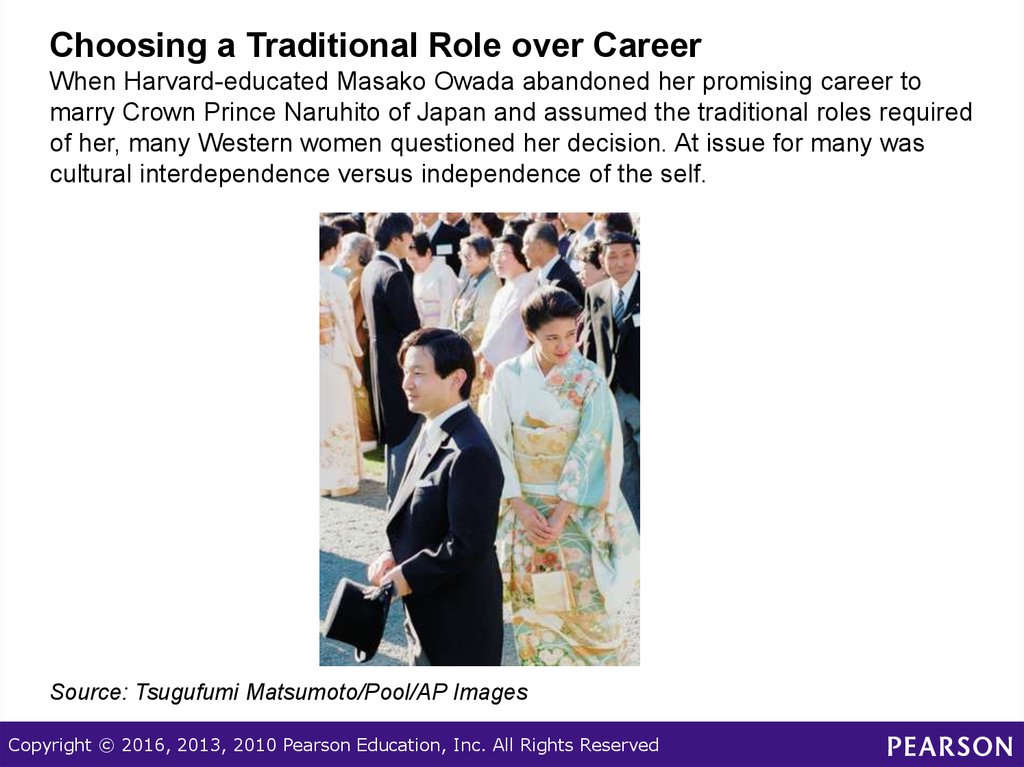 Choosing a Traditional Role over Career When Harvard-educated Masako Owada abandoned her promising career to marry Crown Prince Naruhito of Japan and assumed the traditional roles required of her, many Western women questioned her decision. At issue for m