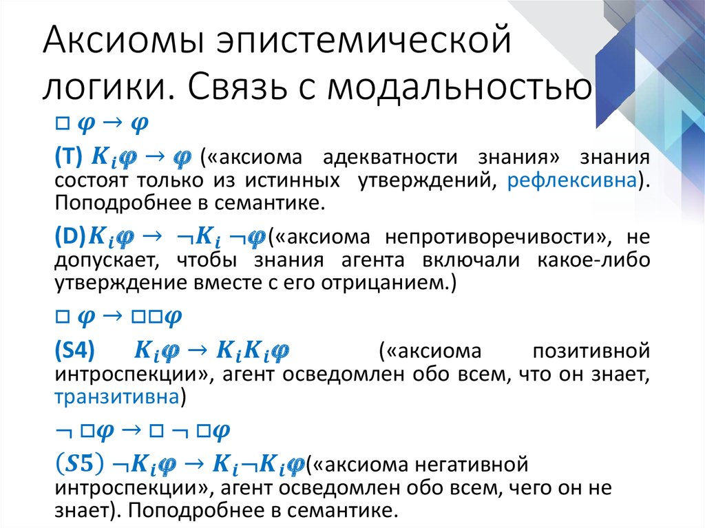 Аксиомы эпистемической логики. Cвязь с модальностью